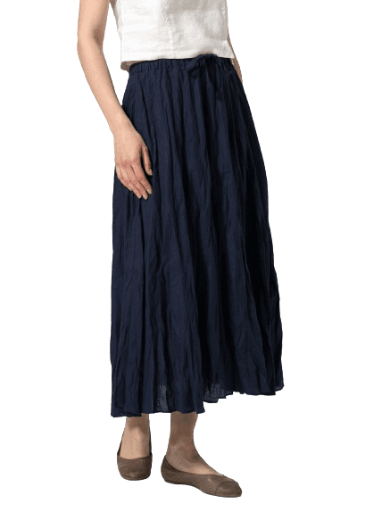 NAVY LINEN LONG FLARED SKIRT