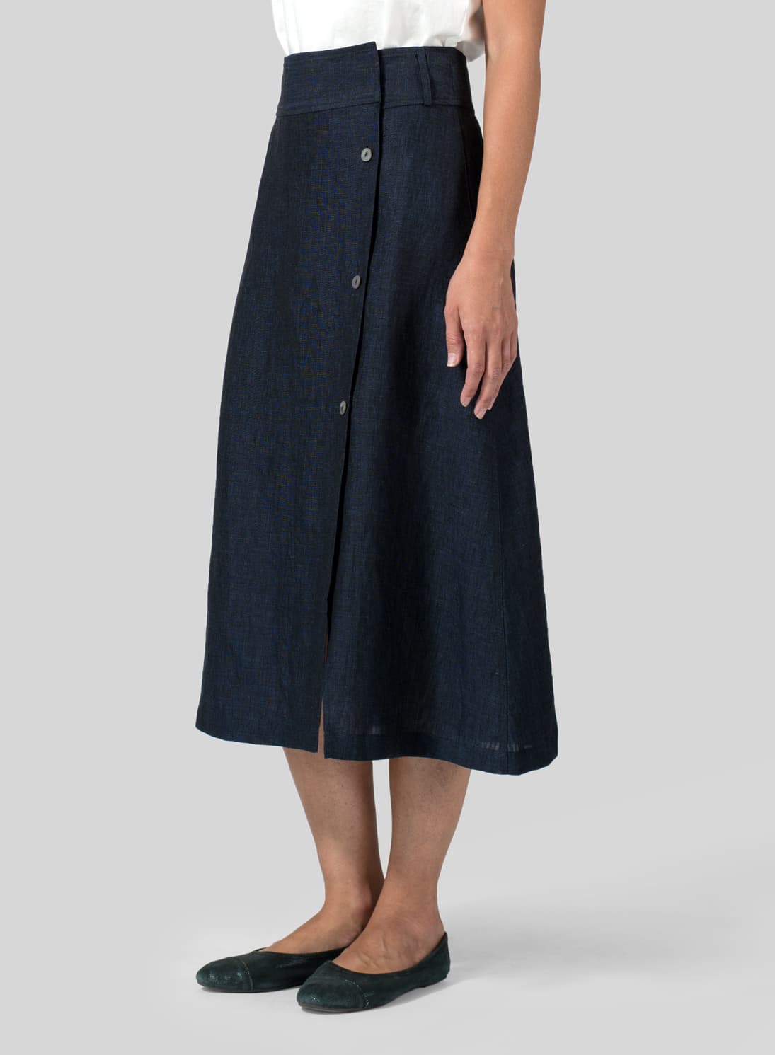 DENIM LINEN SIDE BUTTON A LINE SKIRT