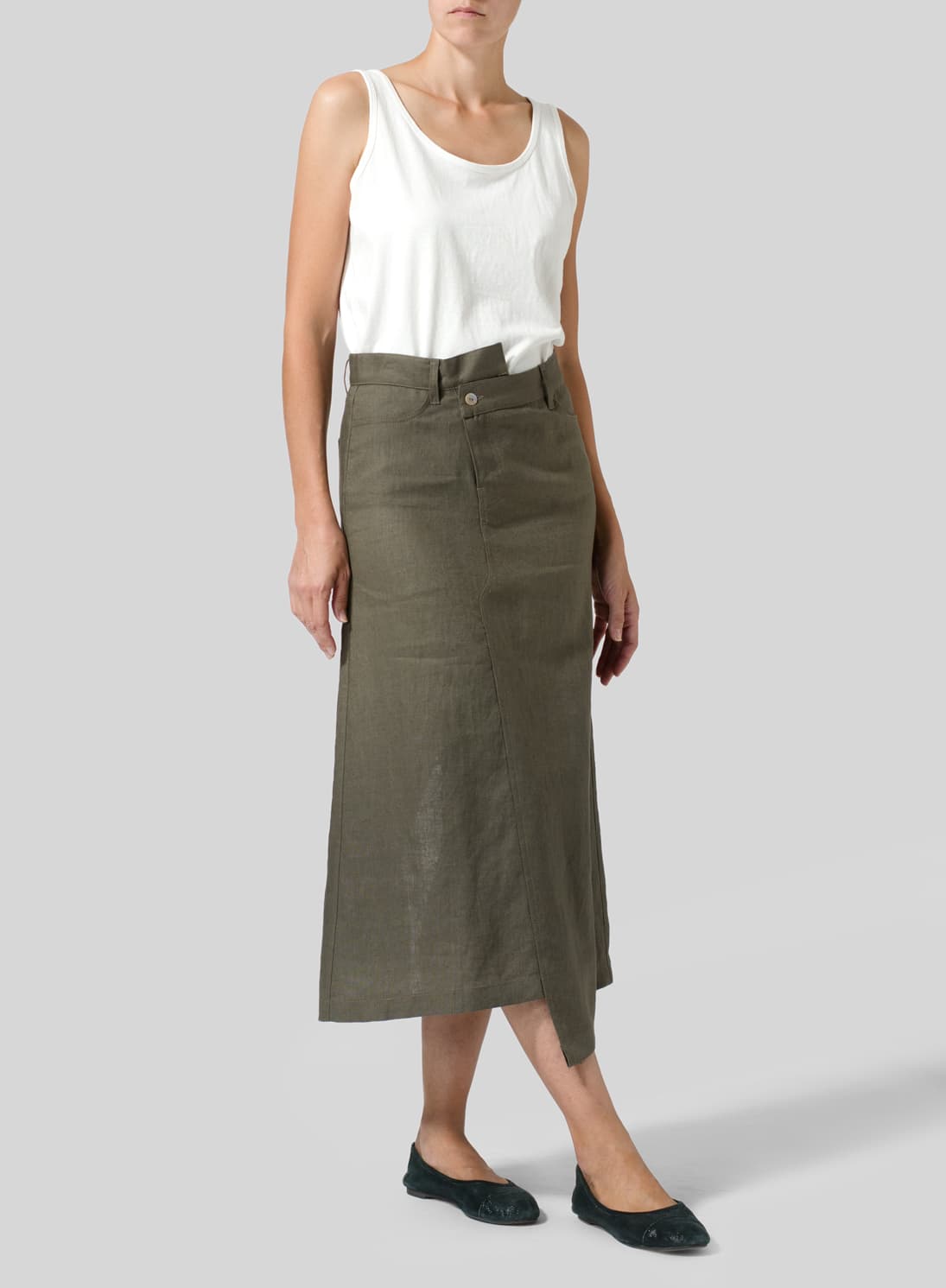DARK TAUPE LINEN HIGH WAIST IRREGULAR LONG SPLIT SKIRT
