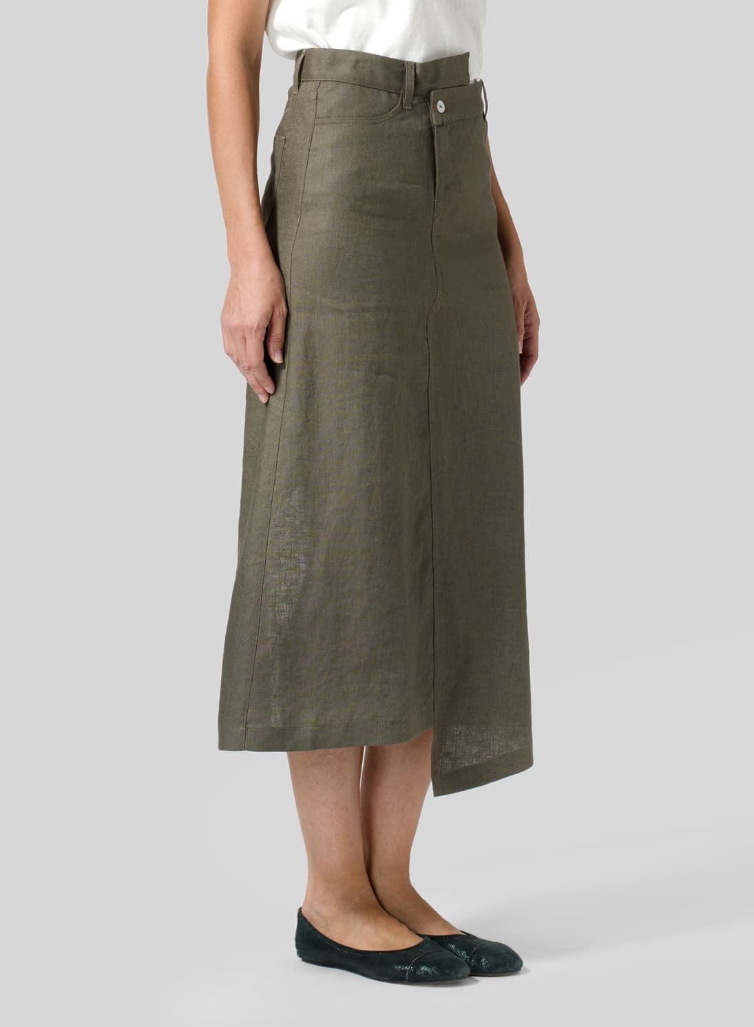 DARK TAUPE LINEN HIGH WAIST IRREGULAR LONG SPLIT SKIRT