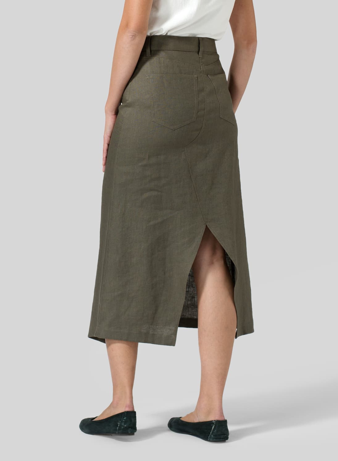 DARK TAUPE LINEN HIGH WAIST IRREGULAR LONG SPLIT SKIRT