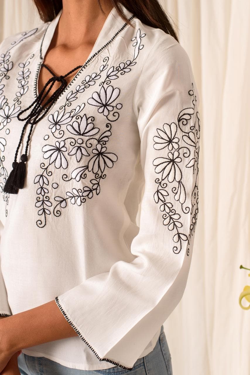 Embroidered Tie Up Neck Top