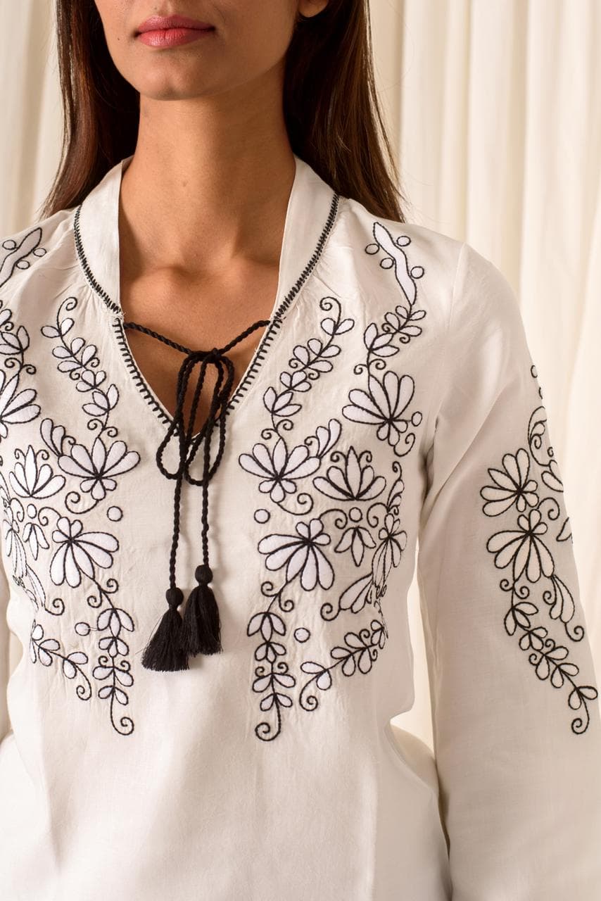 Embroidered Tie Up Neck Top