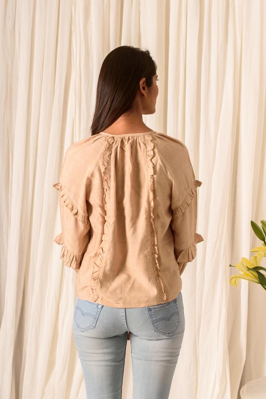 BEIGE COTTON TOP WITH RUFFLED ON SHOULDER