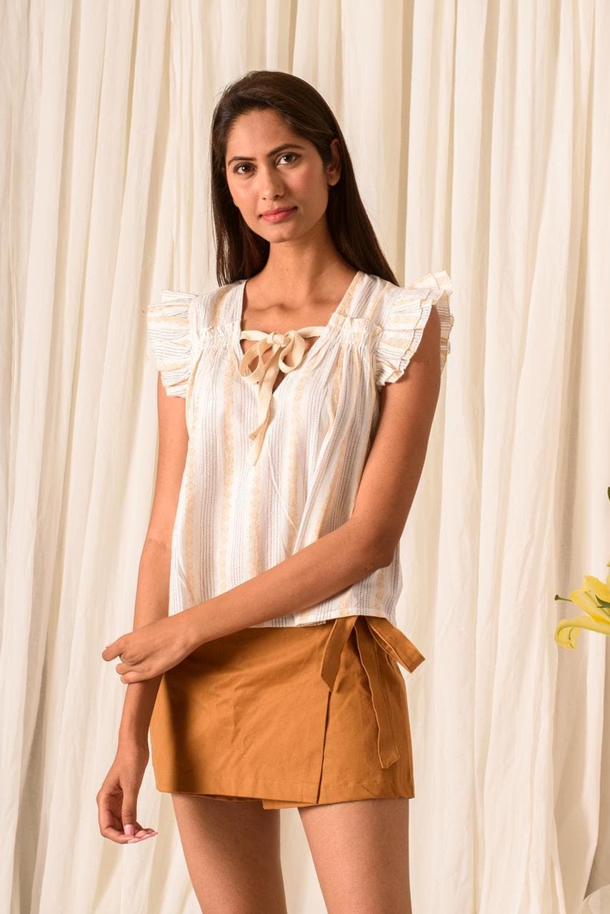 MULTI STRIPES COTTON TOP WITH RUFFLES SLEEVES