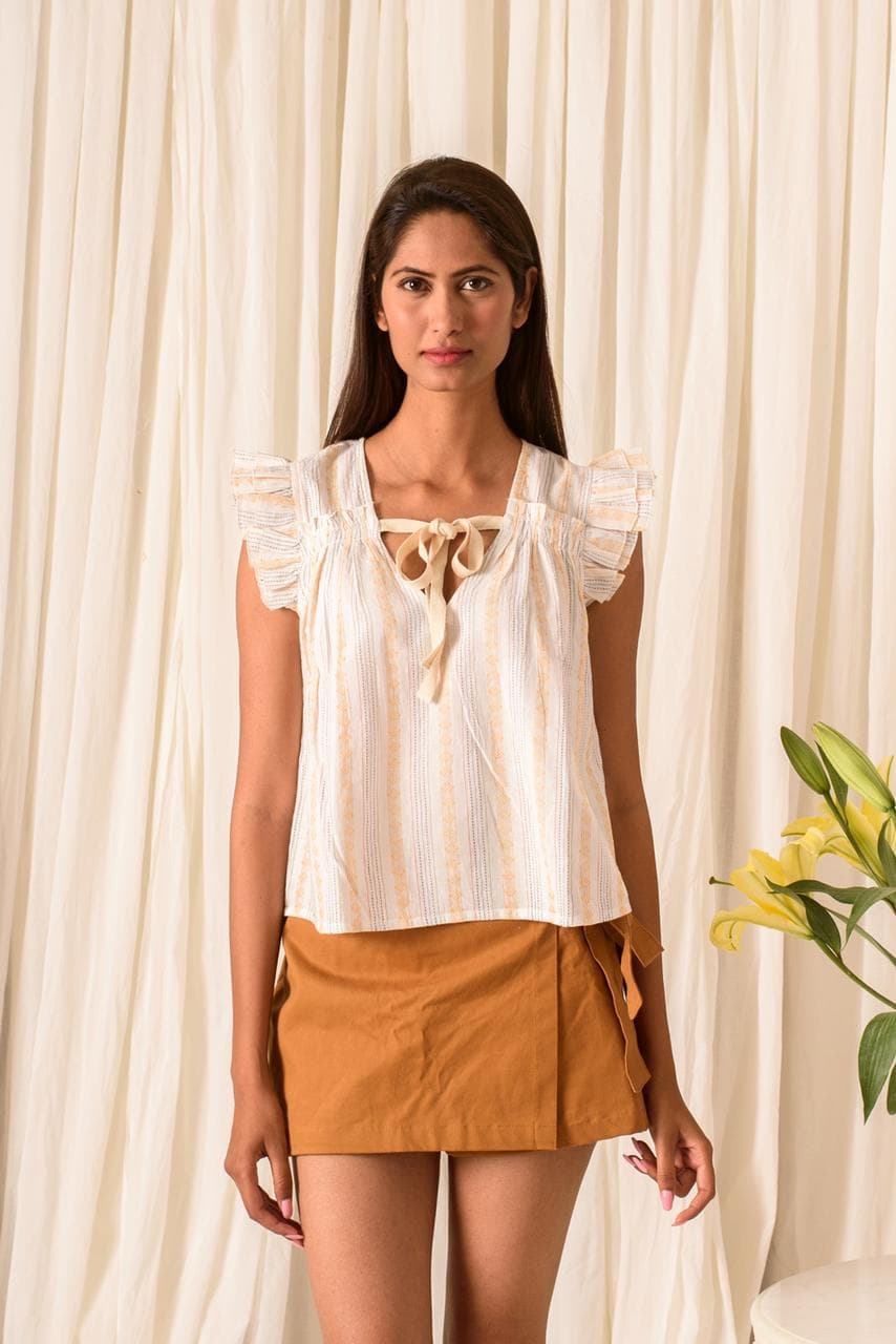 MULTI STRIPES COTTON TOP WITH RUFFLES SLEEVES