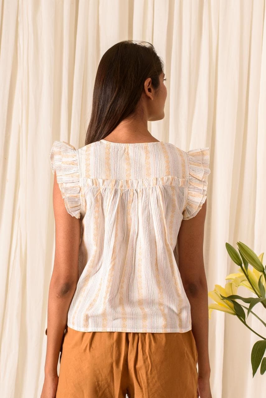 MULTI STRIPES COTTON TOP WITH RUFFLES SLEEVES