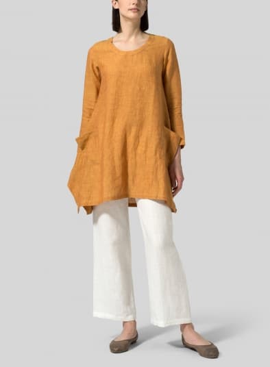 GOLDEN BROWN LINEN LONG SLEEVE PONCHO TOP