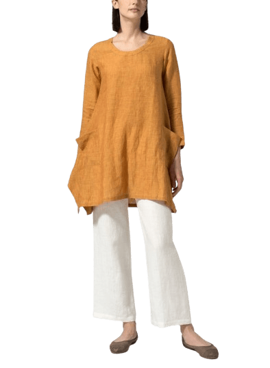 GOLDEN BROWN LINEN LONG SLEEVE PONCHO TOP
