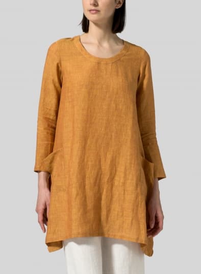 GOLDEN BROWN LINEN LONG SLEEVE PONCHO TOP
