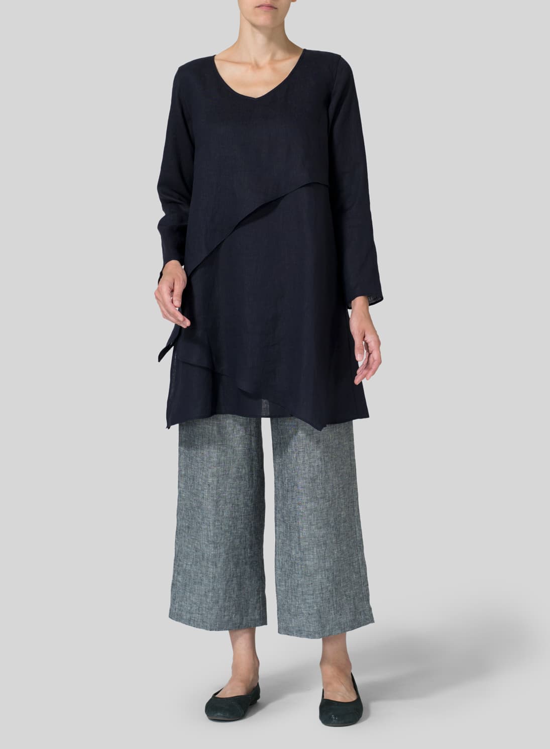 DARK NAVY LINEN LAYERING V NECK TUNIC