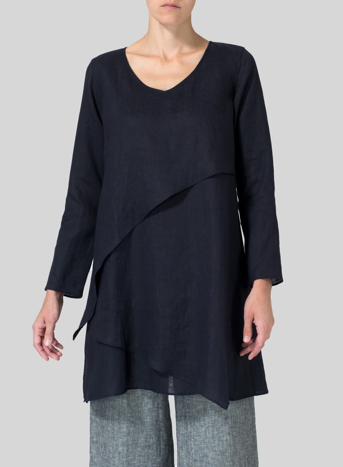 DARK NAVY LINEN LAYERING V NECK TUNIC