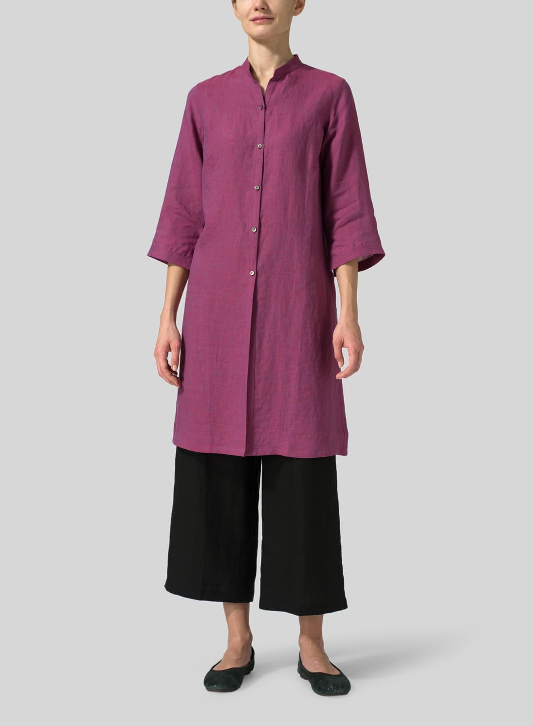 RED VIOLET LINEN MANDARIN COLLAR SIMPLE LONG BLOUSE