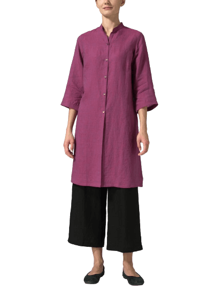 RED VIOLET LINEN MANDARIN COLLAR SIMPLE LONG BLOUSE