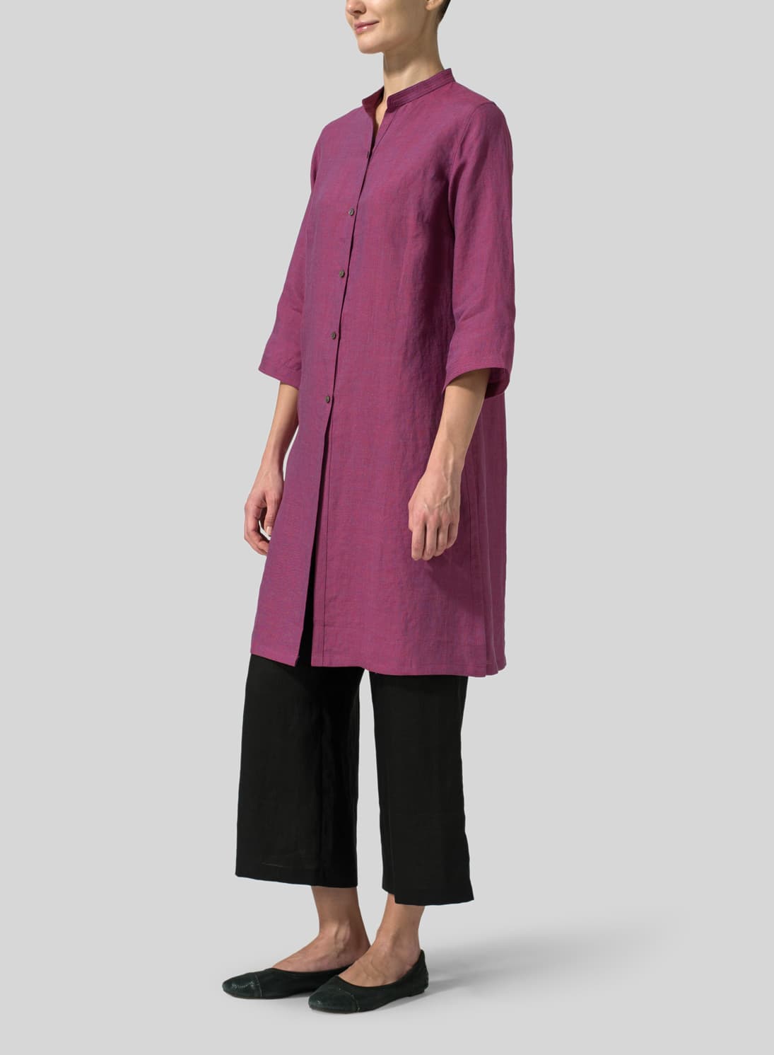 RED VIOLET LINEN MANDARIN COLLAR SIMPLE LONG BLOUSE