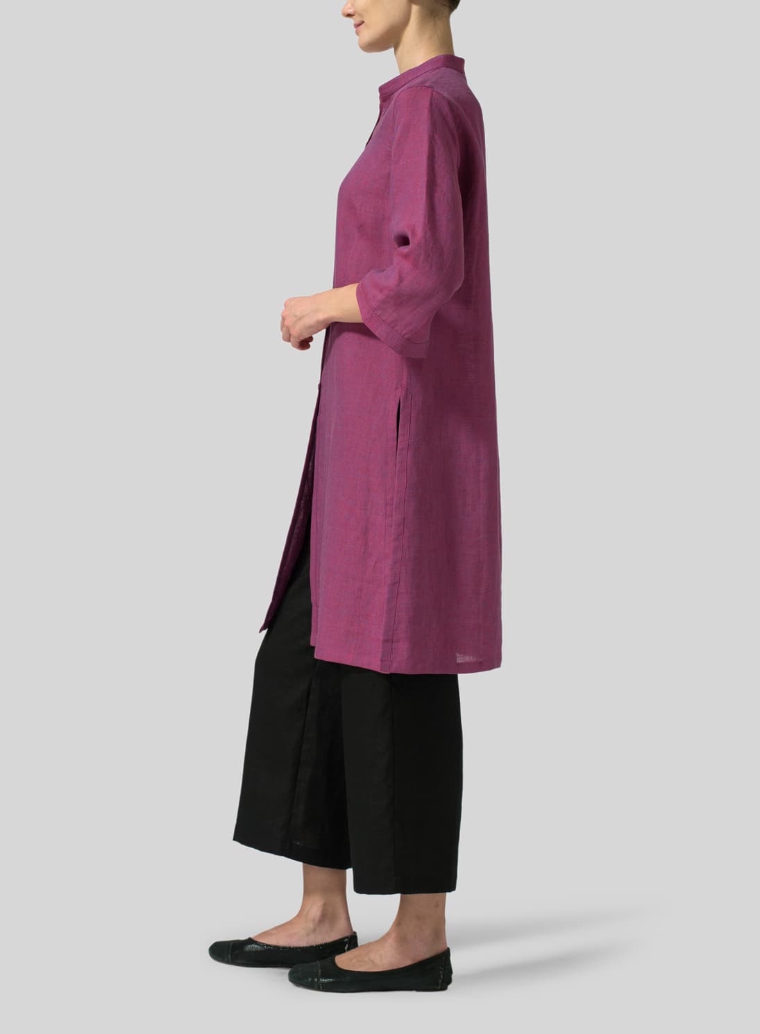 RED VIOLET LINEN MANDARIN COLLAR SIMPLE LONG BLOUSE