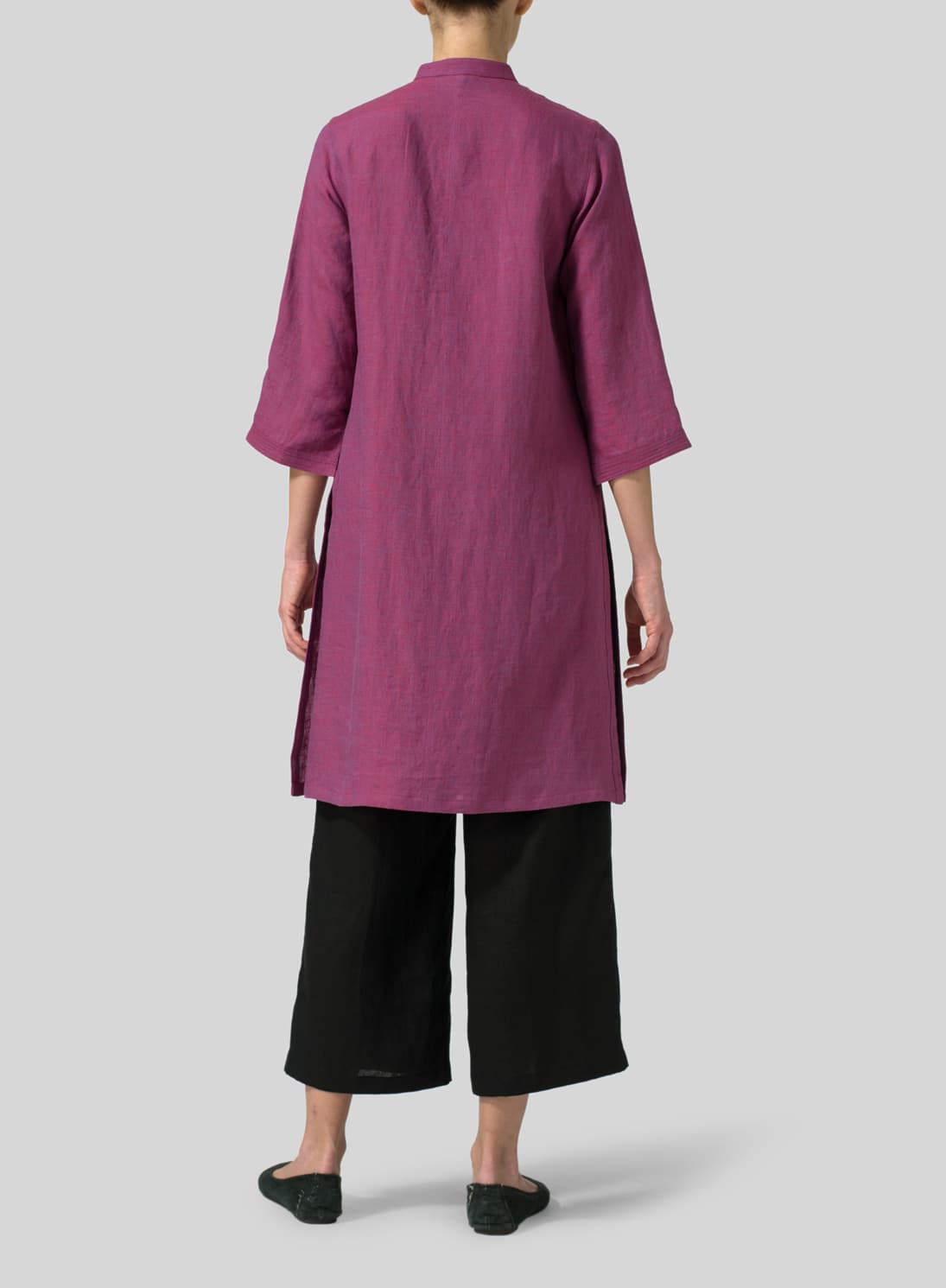 RED VIOLET LINEN MANDARIN COLLAR SIMPLE LONG BLOUSE