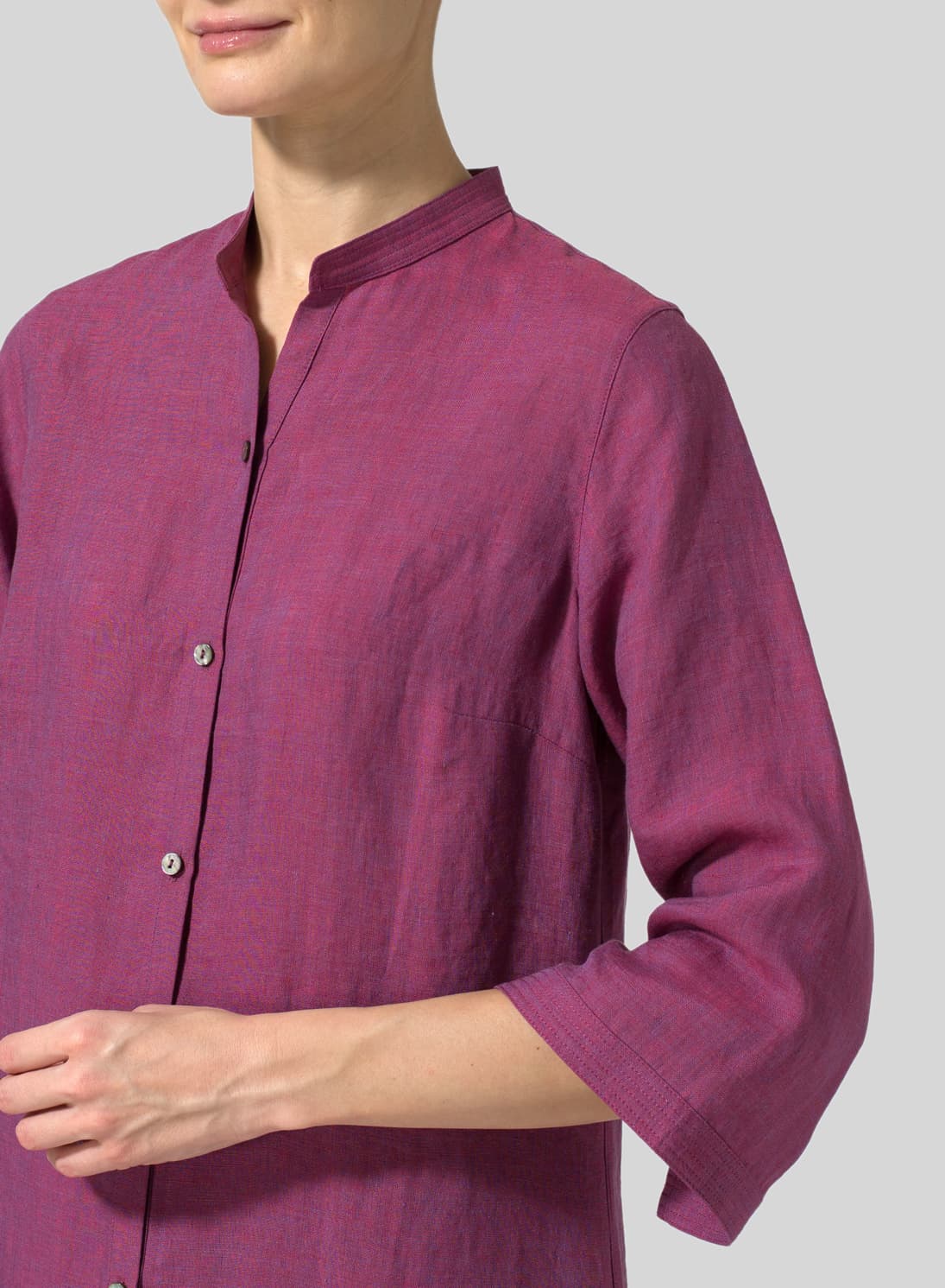 RED VIOLET LINEN MANDARIN COLLAR SIMPLE LONG BLOUSE