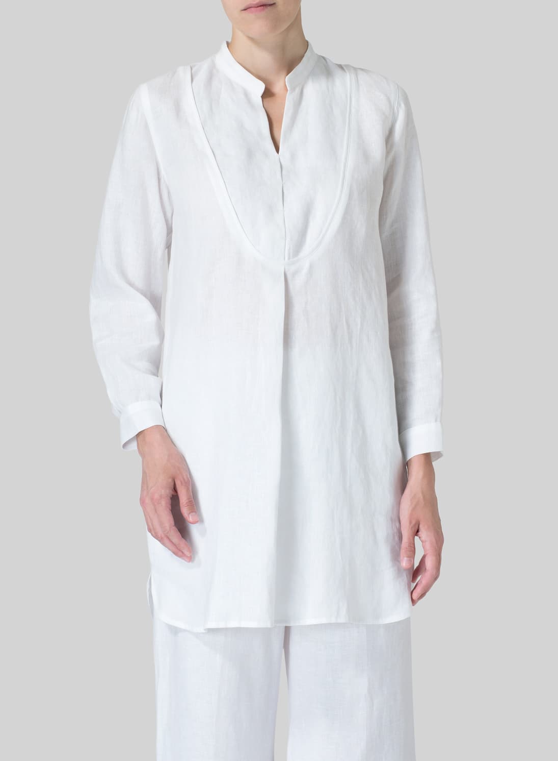 WHITE LINEN TUXEDO FRONT LONG BLOUSE