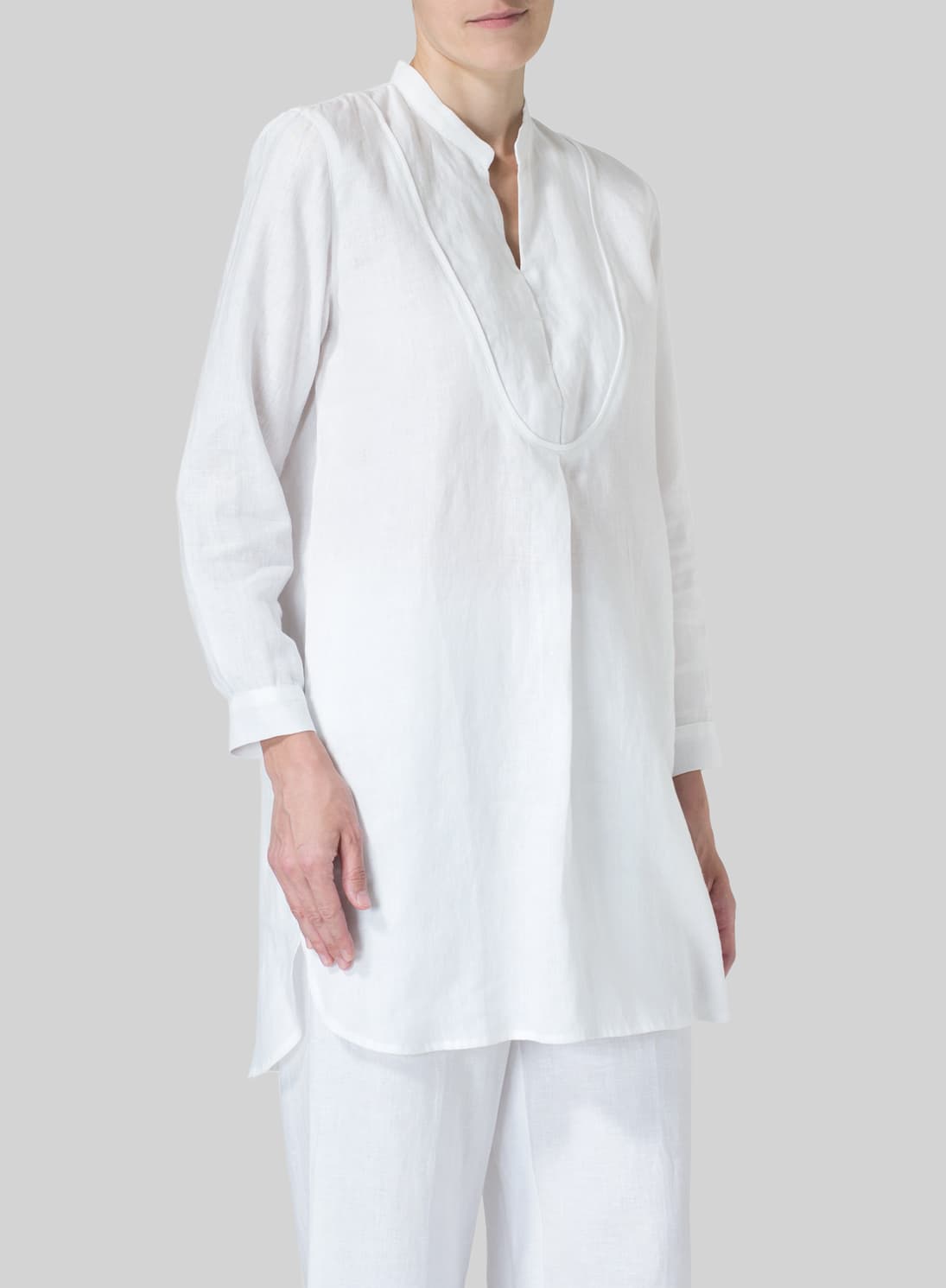 WHITE LINEN TUXEDO FRONT LONG BLOUSE