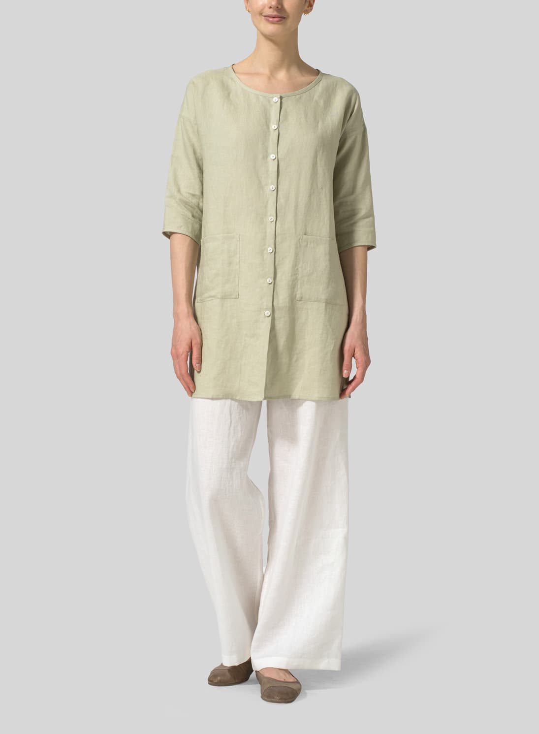 LIGHT KHAKI LINEN ROUND NECK BUTTON FRONT TOP