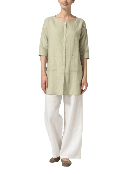 LIGHT KHAKI LINEN ROUND NECK BUTTON FRONT TOP