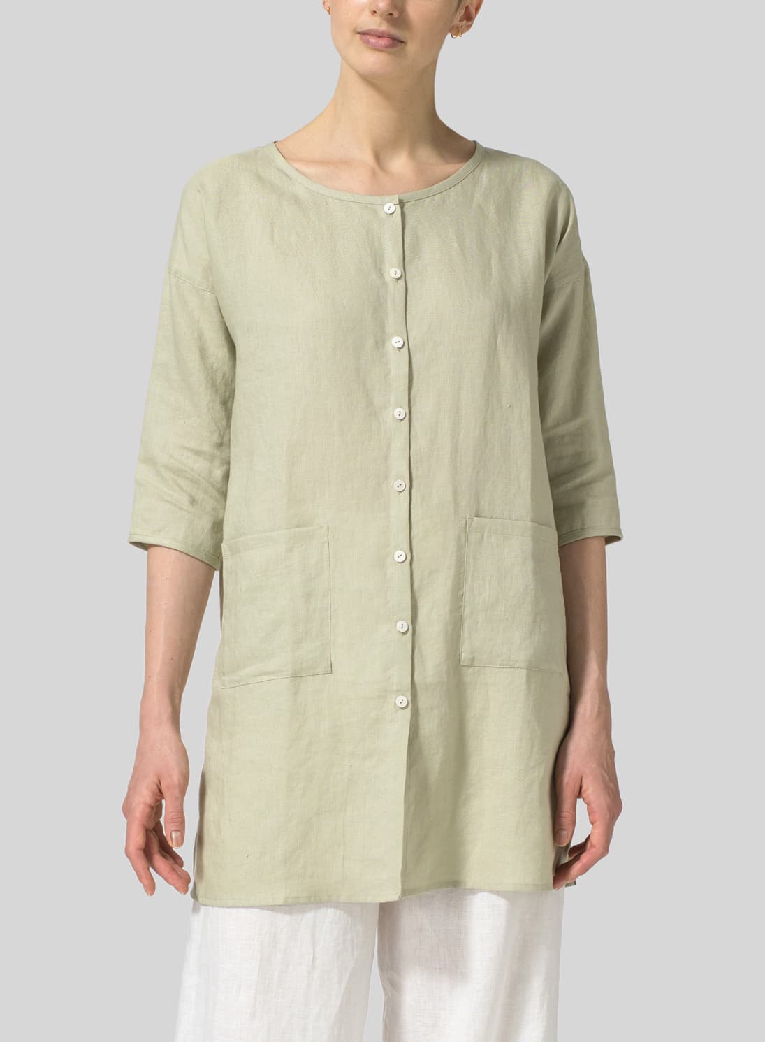 LIGHT KHAKI LINEN ROUND NECK BUTTON FRONT TOP