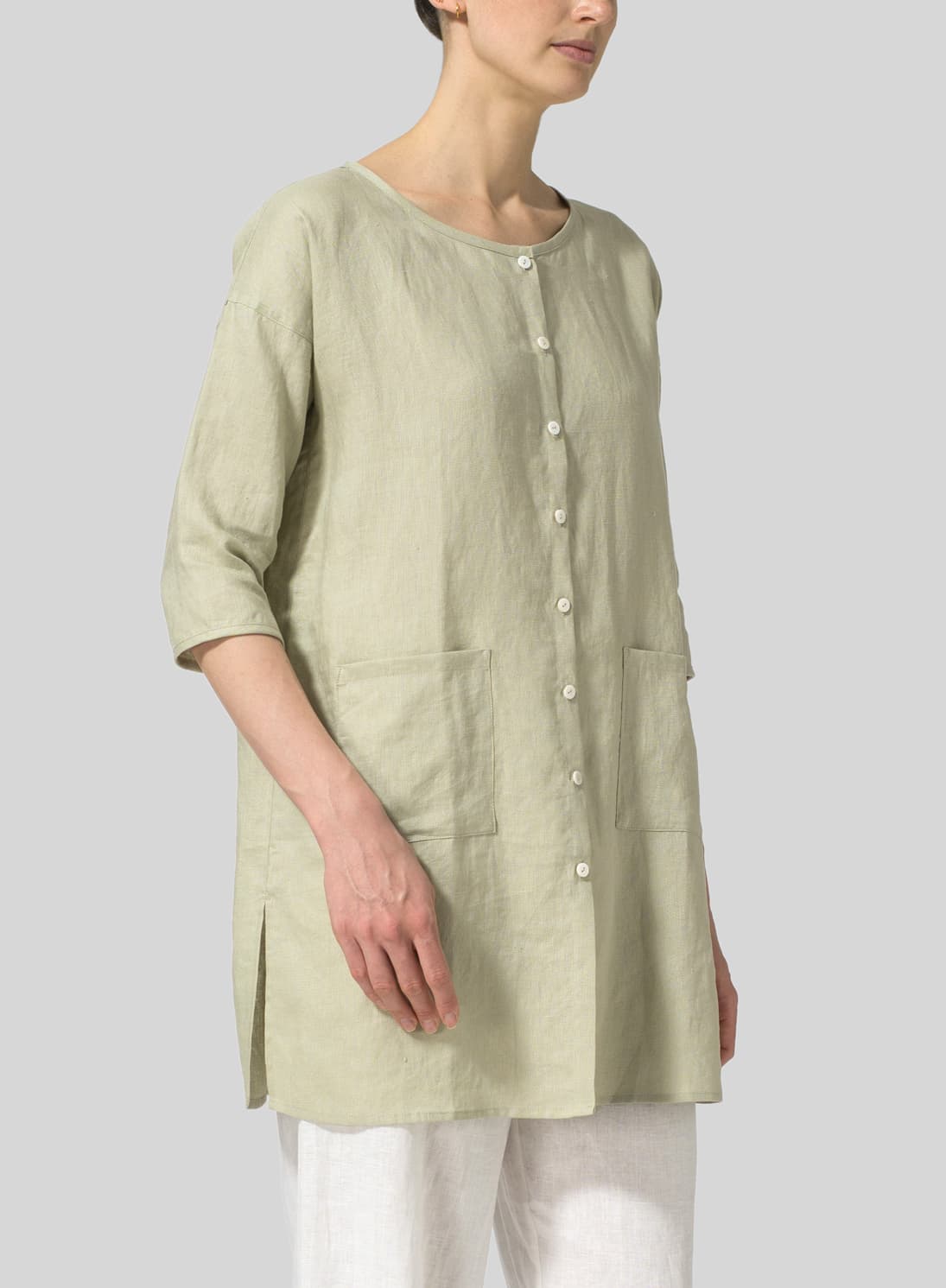 LIGHT KHAKI LINEN ROUND NECK BUTTON FRONT TOP