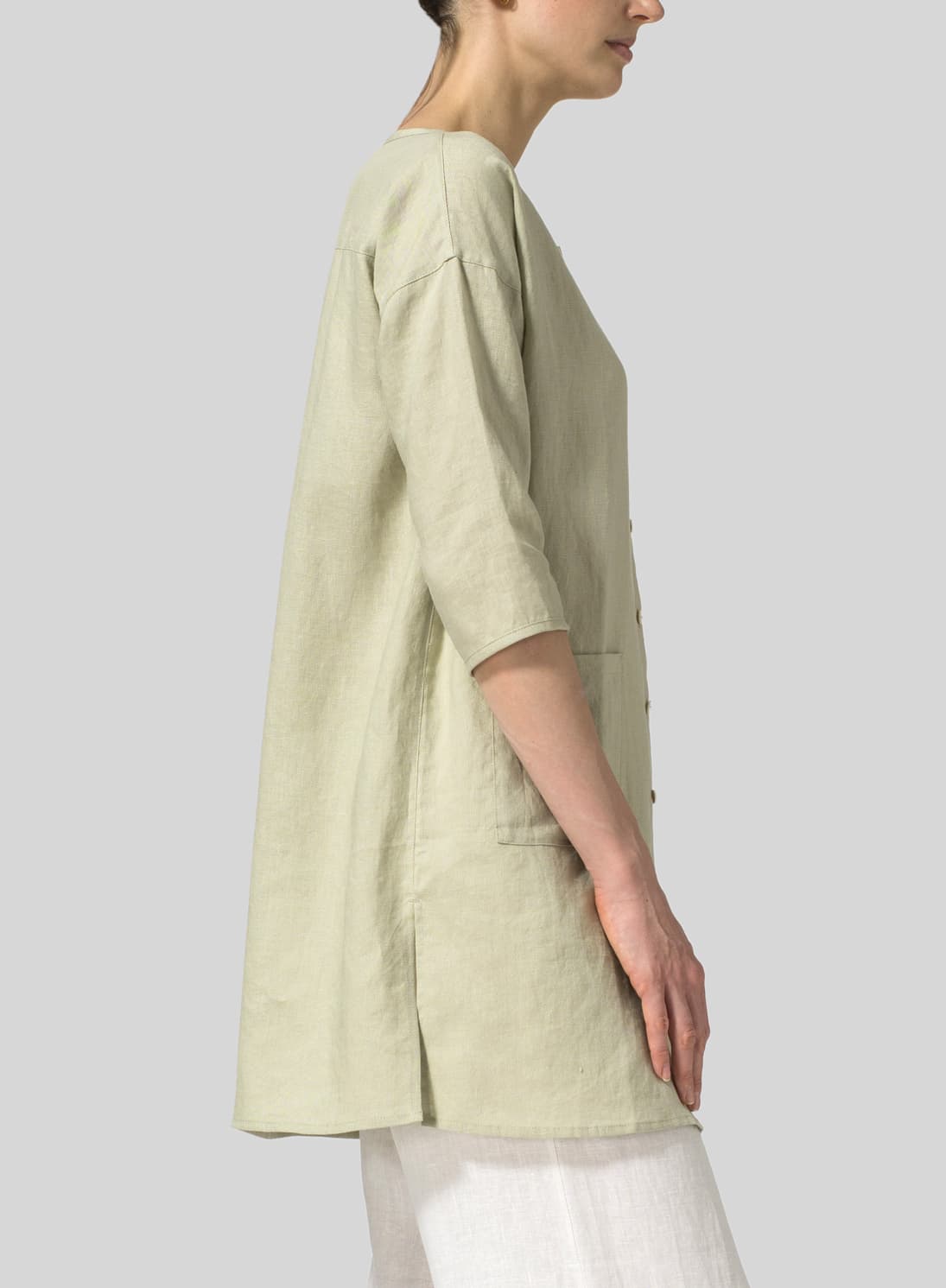 LIGHT KHAKI LINEN ROUND NECK BUTTON FRONT TOP