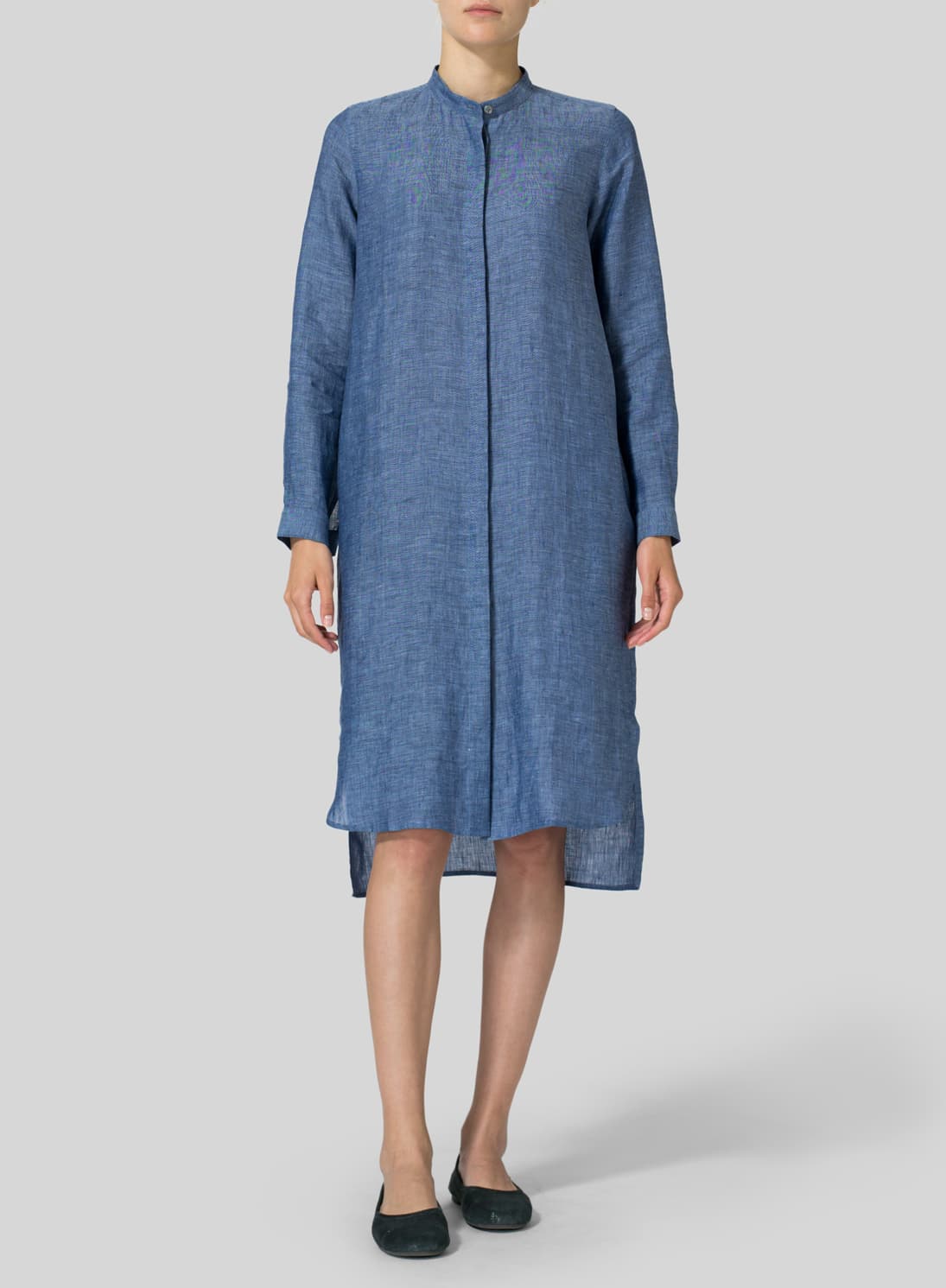 AZURE  BLUE LINEN COLLARLESS LONG BLOUSE