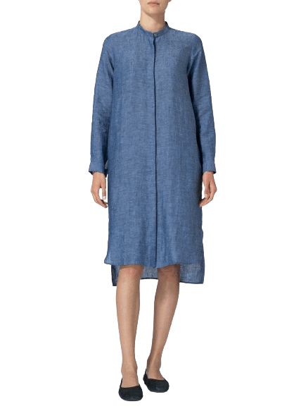 AZURE  BLUE LINEN COLLARLESS LONG BLOUSE