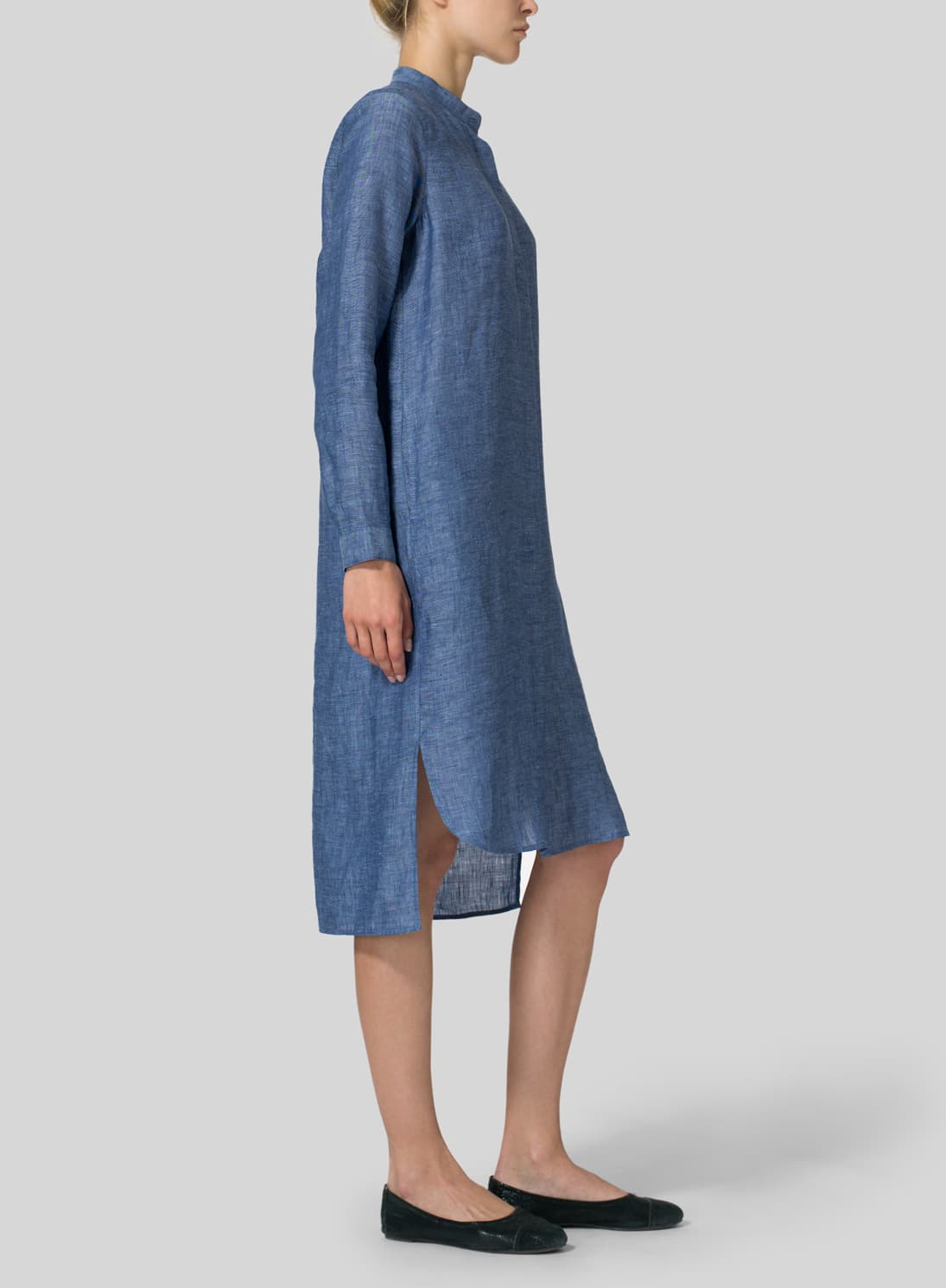 AZURE  BLUE LINEN COLLARLESS LONG BLOUSE