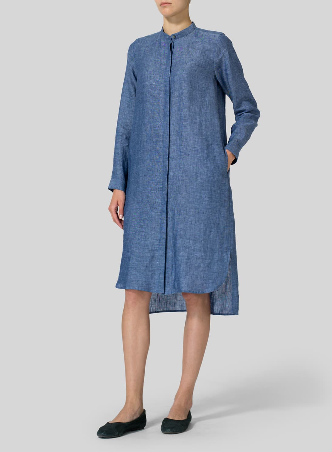 AZURE  BLUE LINEN COLLARLESS LONG BLOUSE