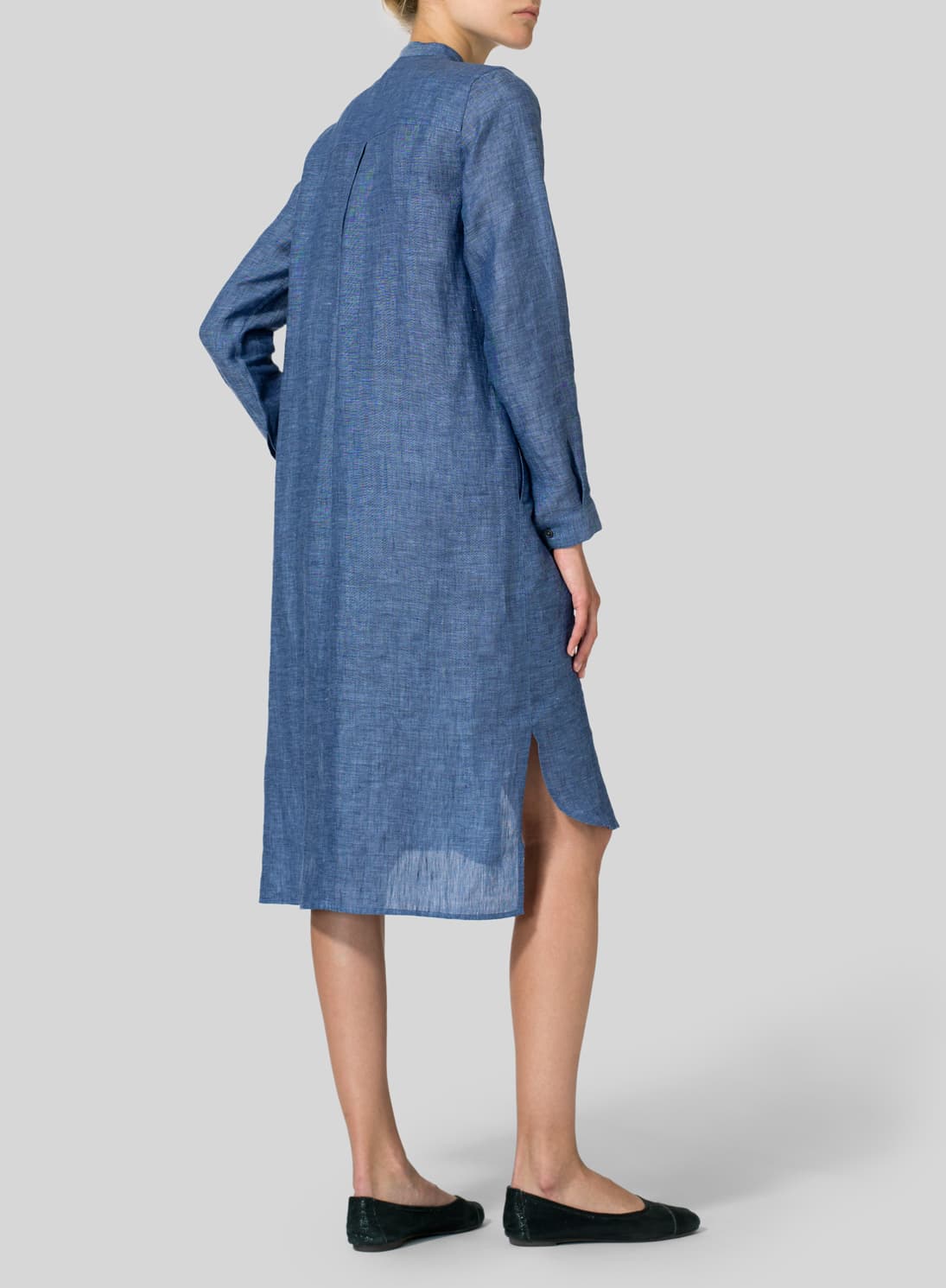 AZURE  BLUE LINEN COLLARLESS LONG BLOUSE
