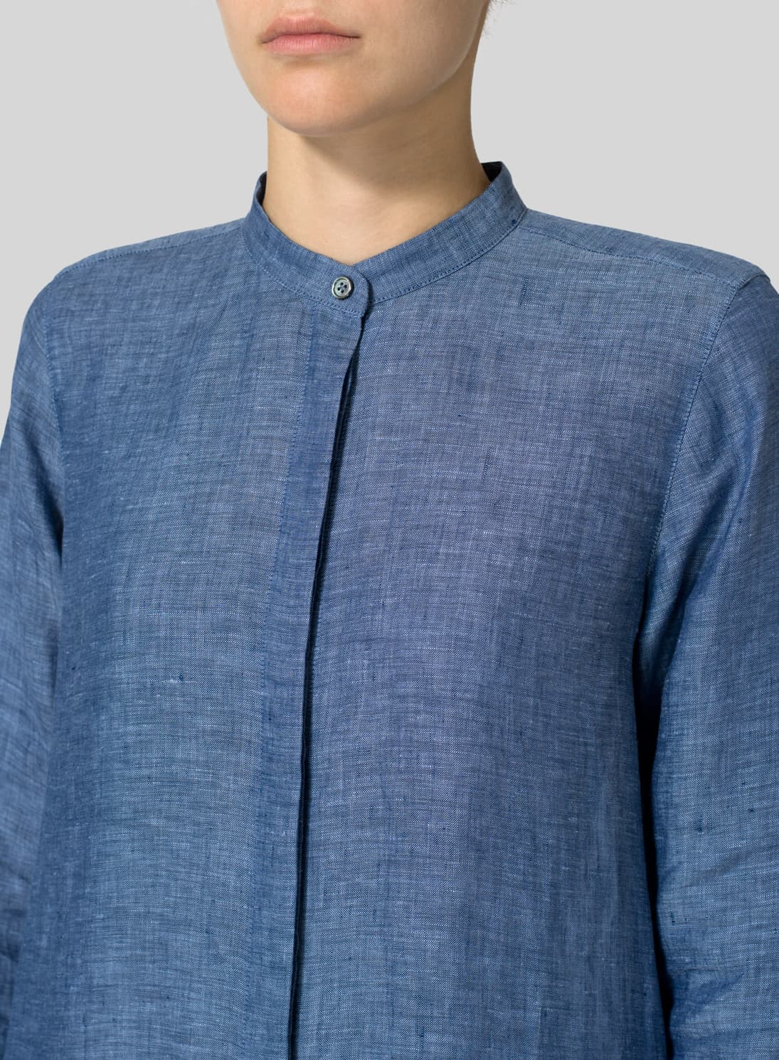 AZURE  BLUE LINEN COLLARLESS LONG BLOUSE