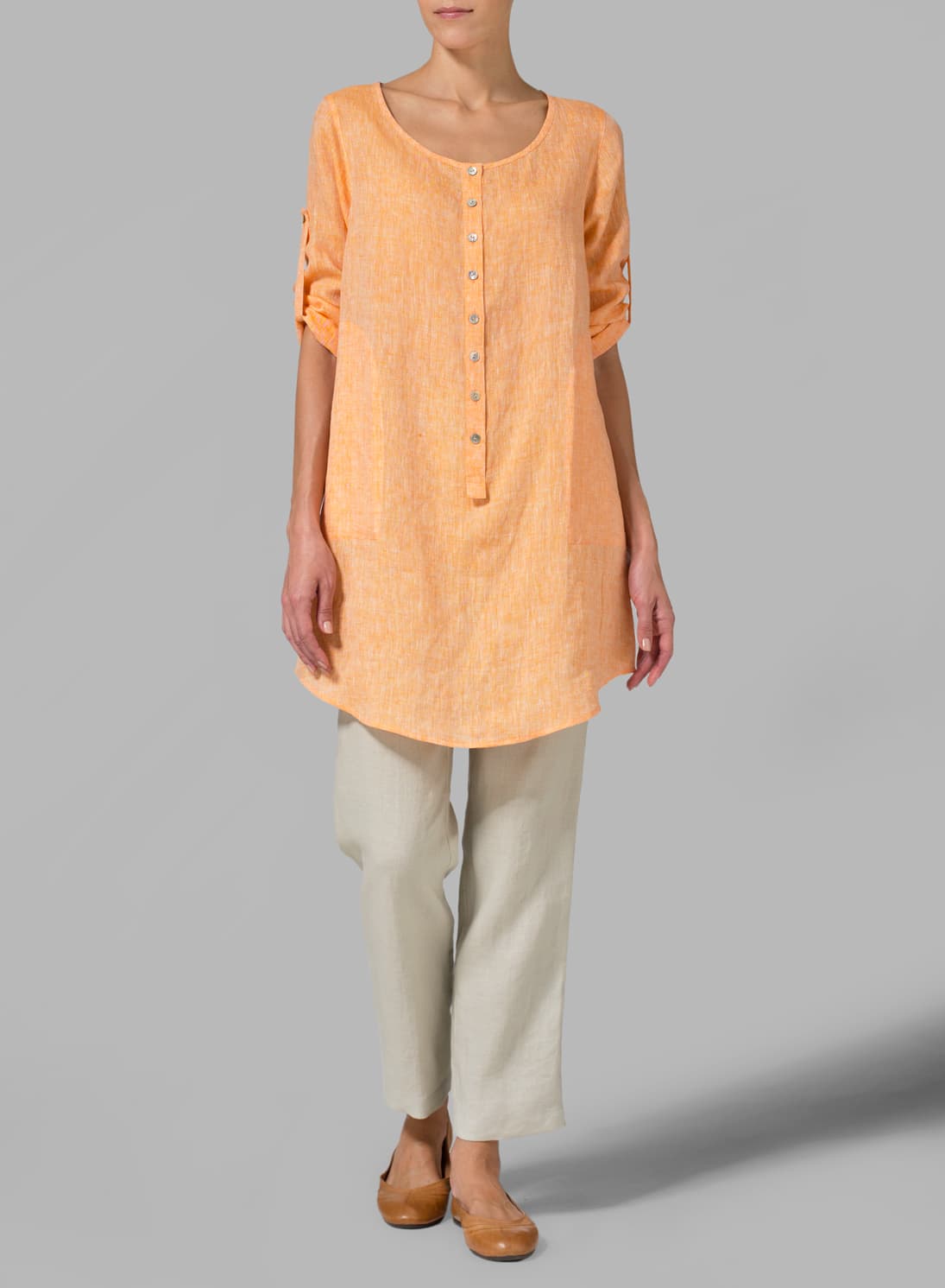 SUN ORANGE LINEN HALF BUTTON LONG TOP