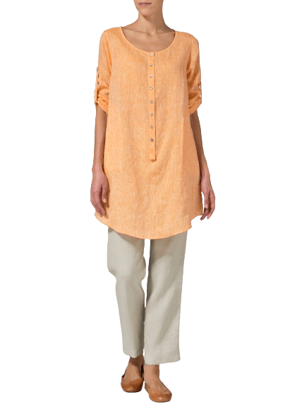 SUN ORANGE LINEN HALF BUTTON LONG TOP