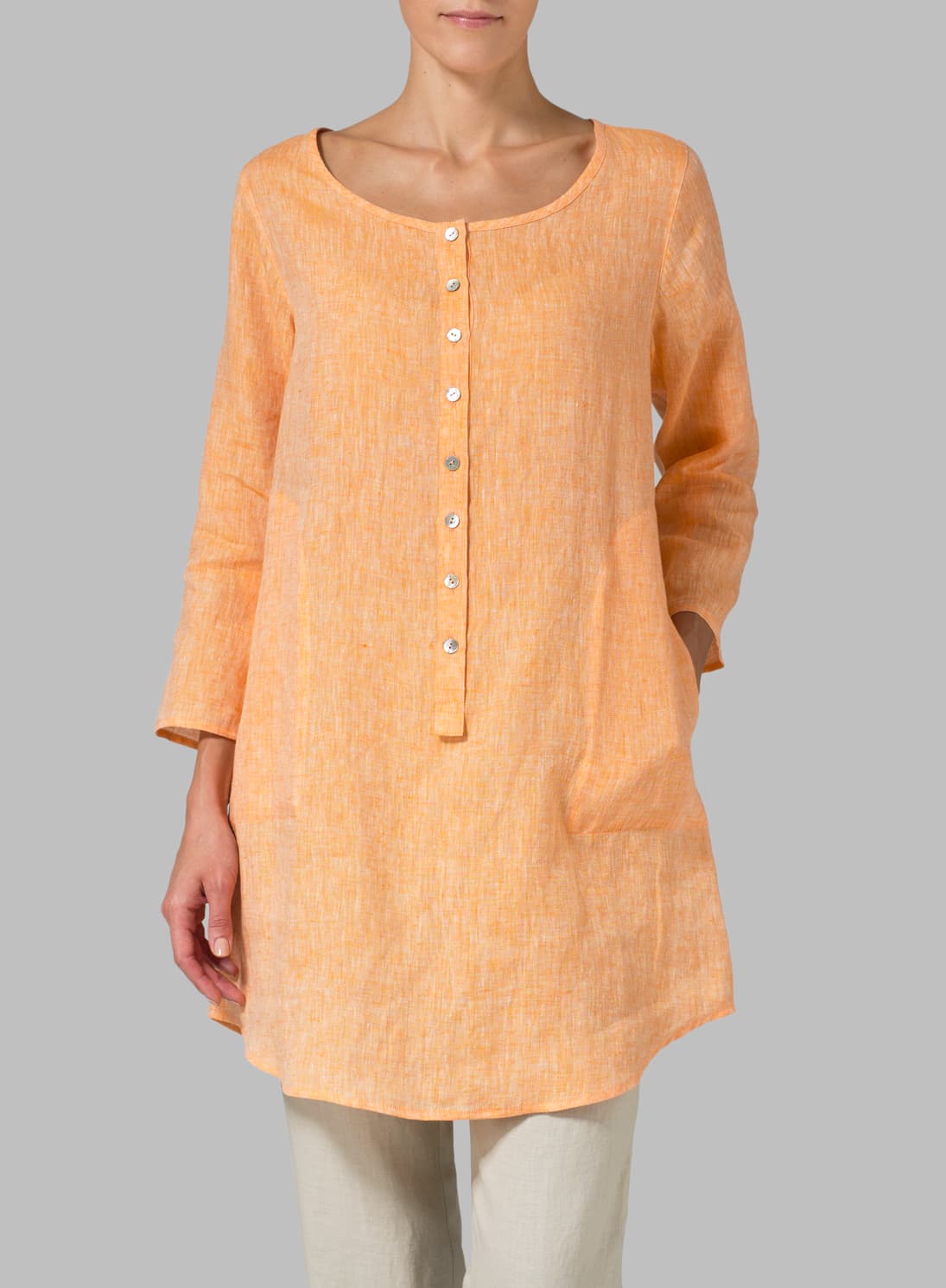 SUN ORANGE LINEN HALF BUTTON LONG TOP