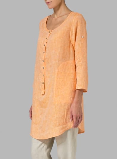 SUN ORANGE LINEN HALF BUTTON LONG TOP