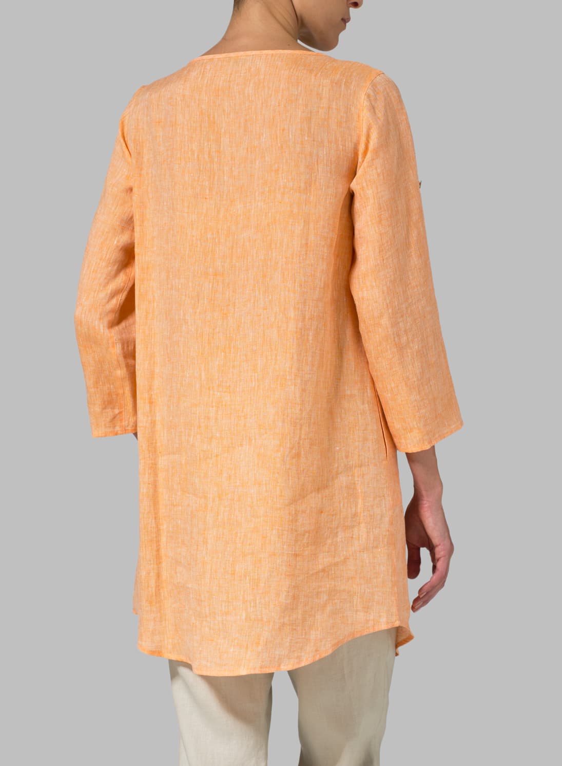 SUN ORANGE LINEN HALF BUTTON LONG TOP