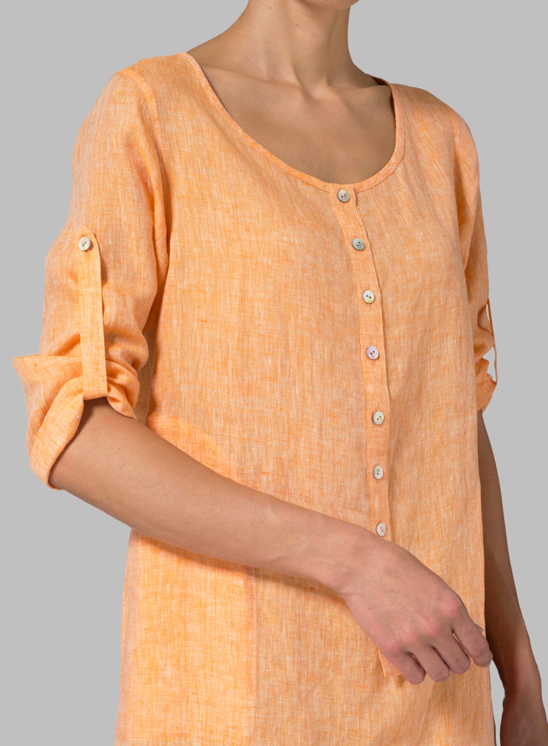 SUN ORANGE LINEN HALF BUTTON LONG TOP