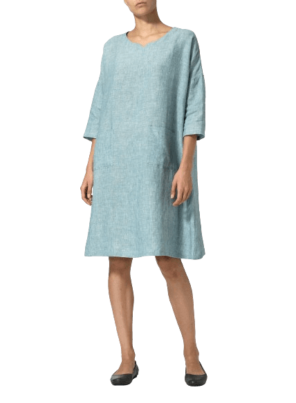 TWO TONE LIGHT GREEN LINEN HALF-SLEEVE MONK DRESS