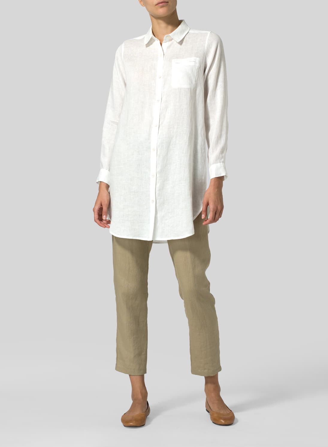 WHITE LINEN SOLID BASIC BUTTON FRONT LONG BLOUSE
