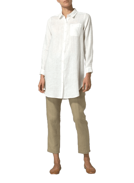 WHITE LINEN SOLID BASIC BUTTON FRONT LONG BLOUSE