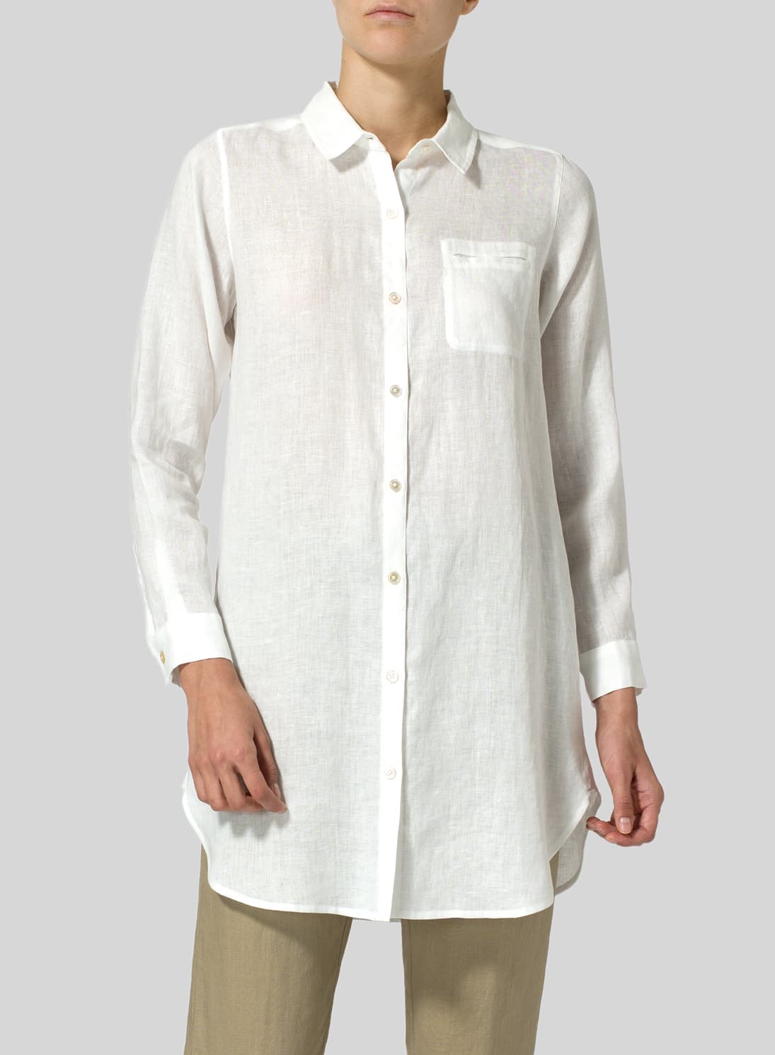WHITE LINEN SOLID BASIC BUTTON FRONT LONG BLOUSE
