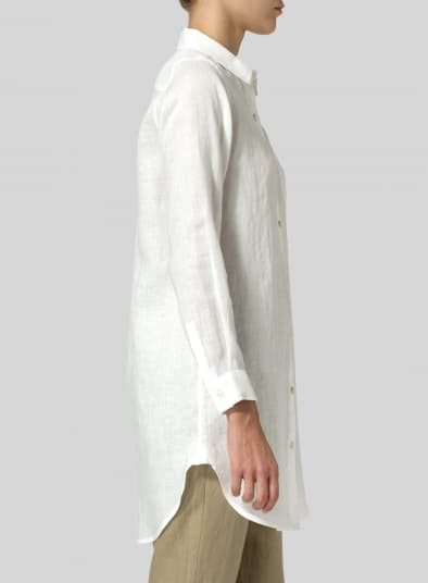 WHITE LINEN SOLID BASIC BUTTON FRONT LONG BLOUSE