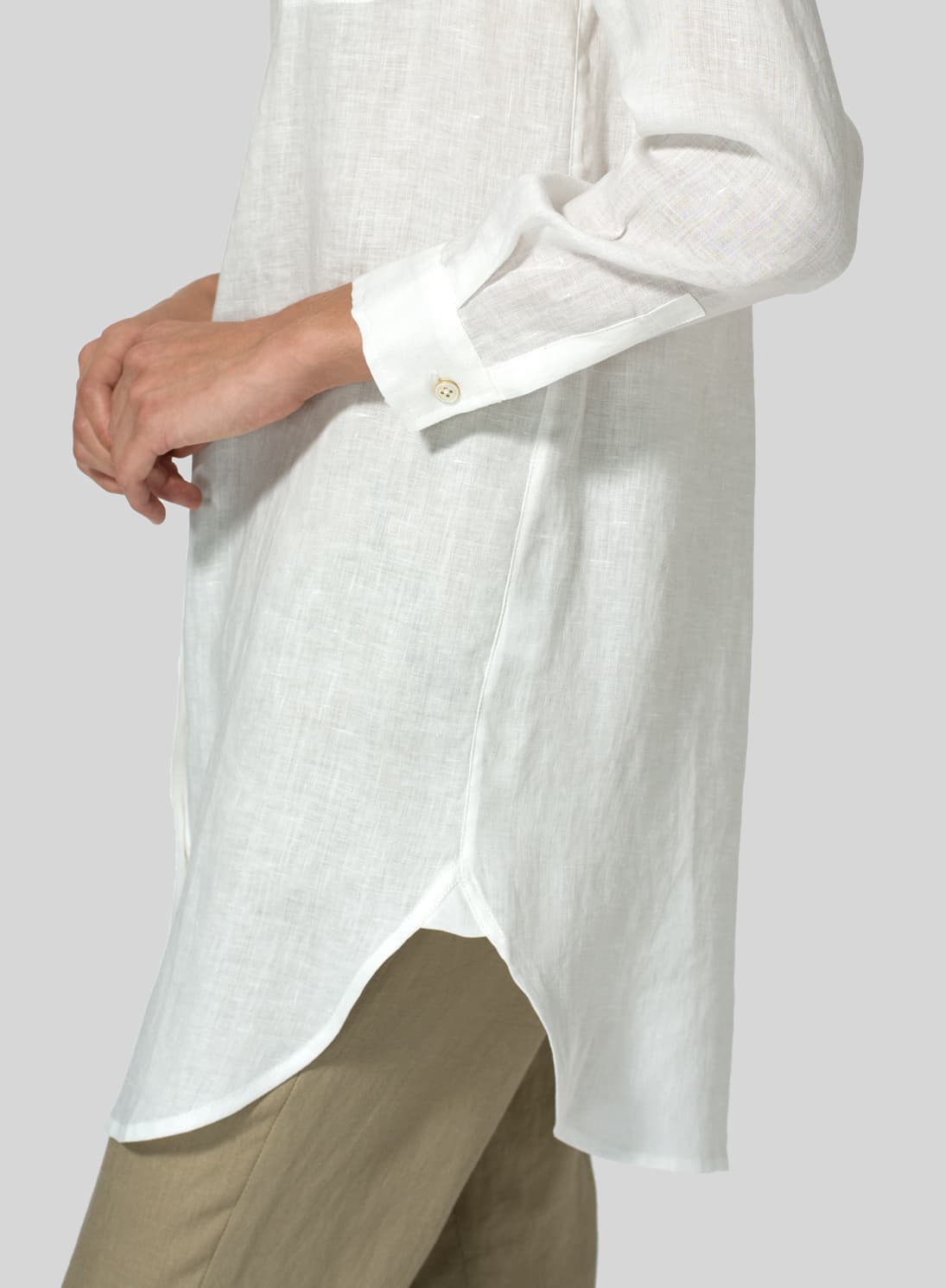 WHITE LINEN SOLID BASIC BUTTON FRONT LONG BLOUSE