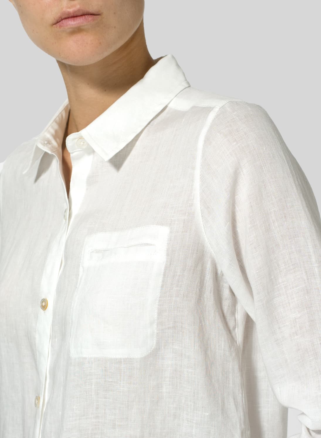 WHITE LINEN SOLID BASIC BUTTON FRONT LONG BLOUSE