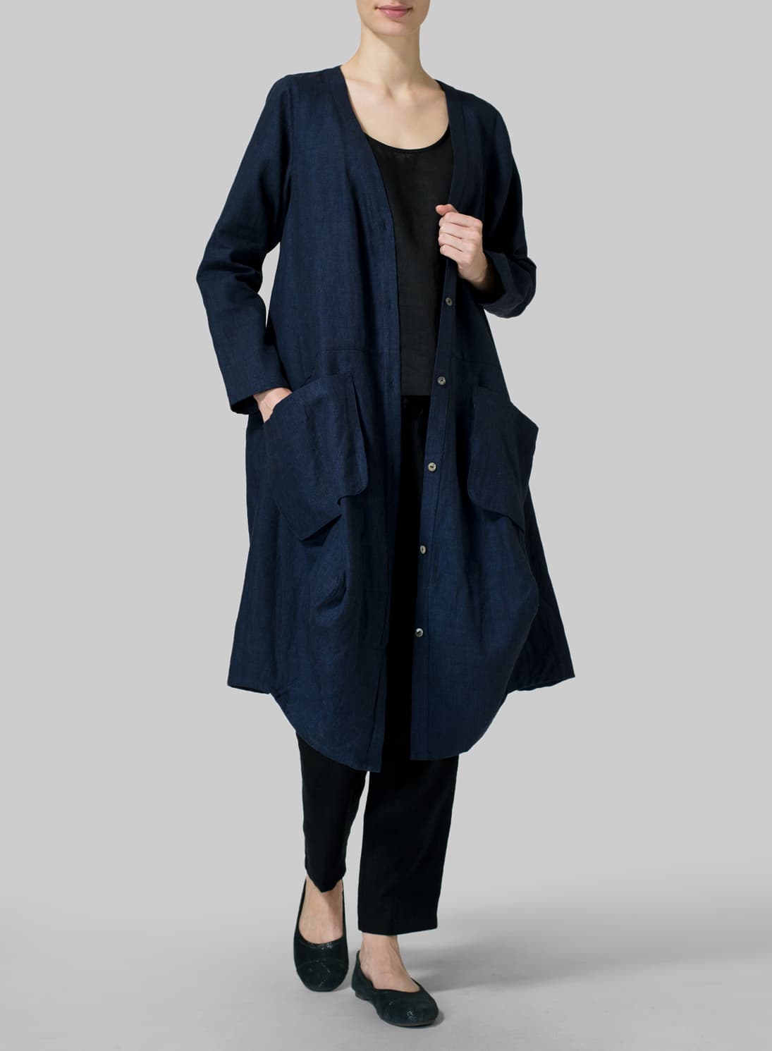 DARK DENIM LINEN LONG BLOUSE DRESS