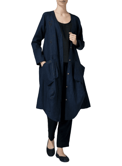 DARK DENIM LINEN LONG BLOUSE DRESS